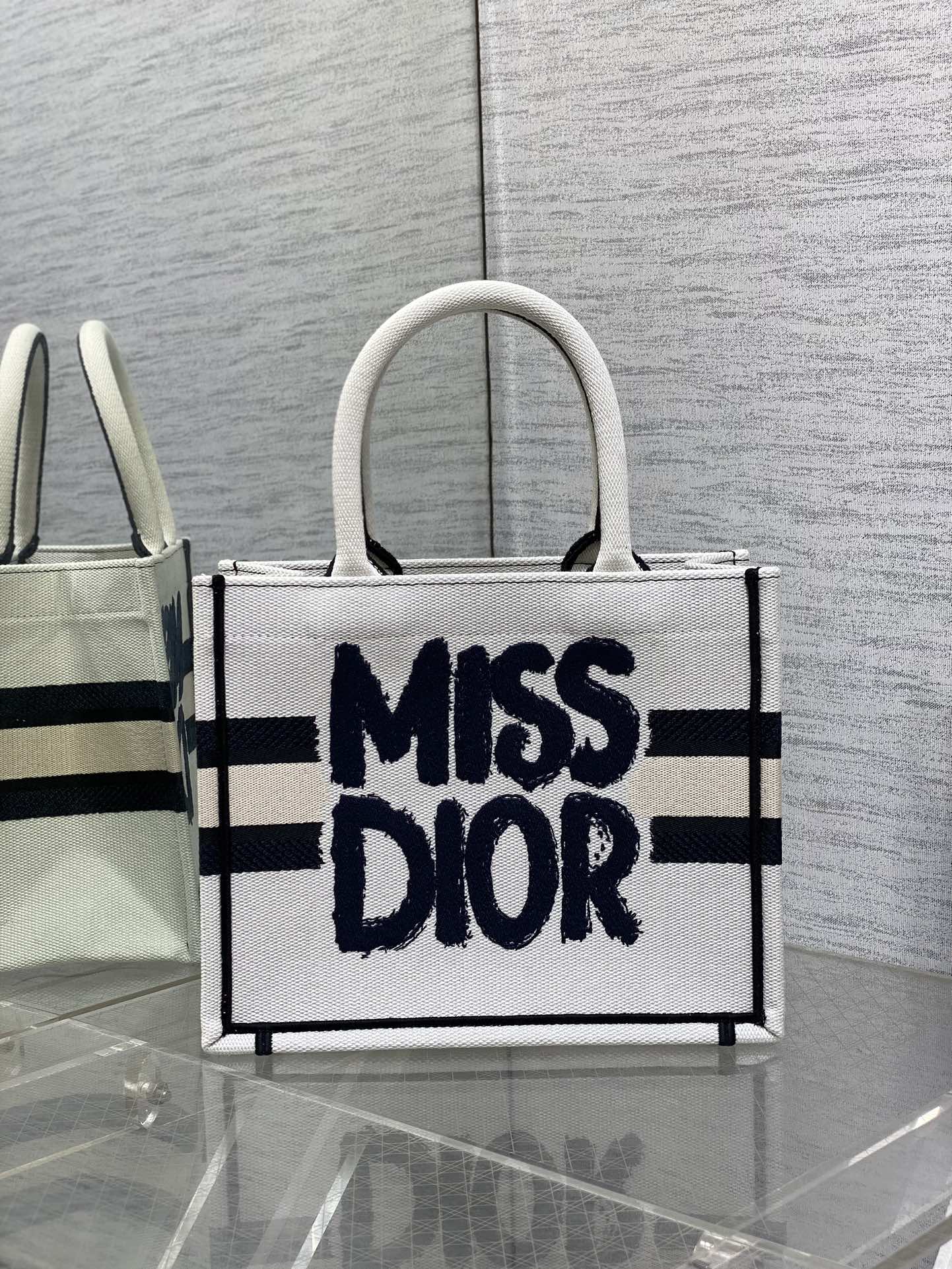 Small Dior Book Tote Bag White and Blue Miss Dior Graffiti Embroidery